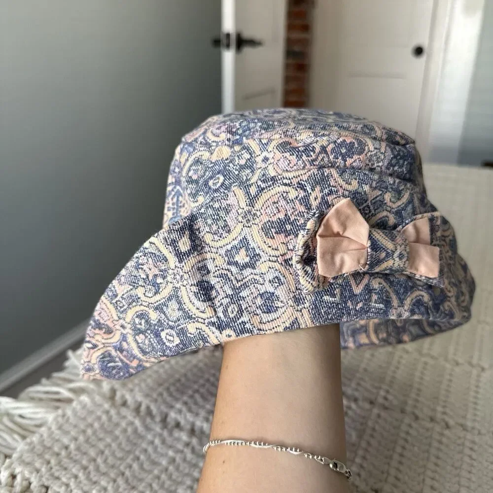 VTG 1990s Children’s Pastel Soft Denim Paisley Bucket Hat With Bow Pink Blue